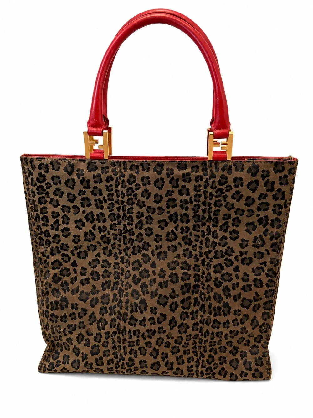 Fendi Leopard Print Tote Bag with Red Leather Handles